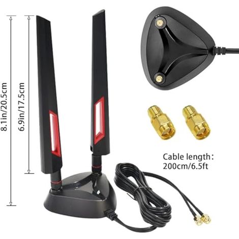 Antenne WiFi 6E AQTAQ tri-Bande WiFi 6 GHz 5 GHz 2,4 GHz RP-SMA, Base magnétique avec câble d'extension de 2 m pour PC, Carte mère Bluetooth, routeur WiFi 6, Appareil Photo, PC de Bureau sans Fil (1/4)