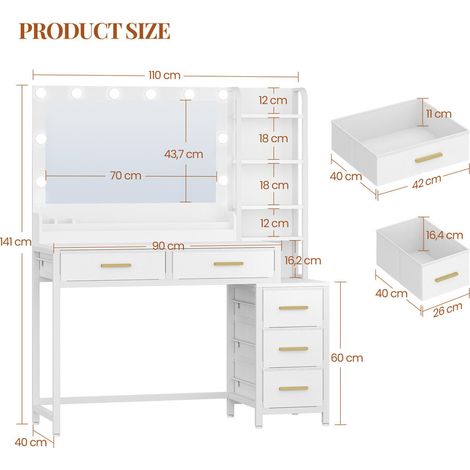Dressing Table with Large Mirror, Vanity Desk with LED Lights, 3 Light Colors, Adjustable Brightness, Makeup Desk, 5 Drawers, Open Compartments