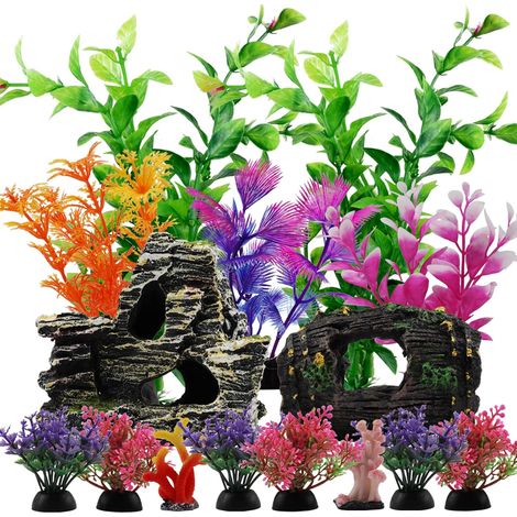 15 Pièces Plantes Artificielle Aquarium Décoration Corails, Polyrésine Tonneau de vin et Rocher Grotte Ornement pour Aquarium Poissons