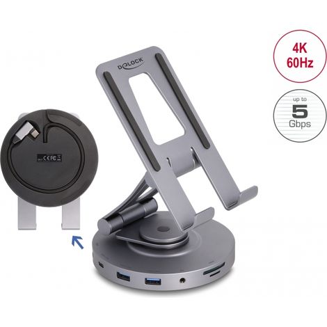 Tablet und Notebook Dockingstation 4K mit integrierter Halterung - HDMI / USB / Hub / SD / Micro SD / PD 3.0 - 360° drehbar