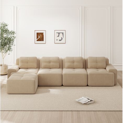 Canapé modulaire 4 places beige en velours côtelé avec méridienne en L, assise profonde et base antidérapante (1/5)