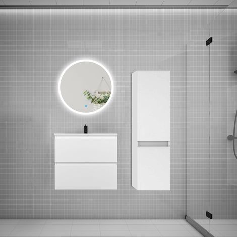 Ensemble meuble vasque L.60cm 2 tiroirs + lavabo + LED miroir rond 60cm + colonne A,blanc