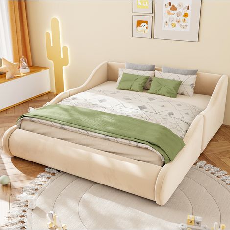 Cama infantil 140x200 cm beige en terciopelo con cabecero alto y barandillas de seguridad (1/5)