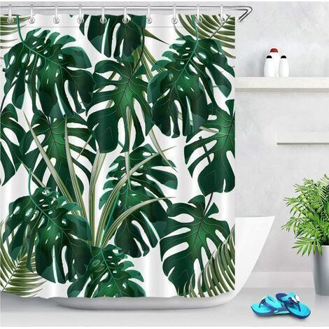 ALLIANDISJungle Tropical Paume Feuilles Rideau De Douche Avec 12 Crochets,180180Cm Vert Monstera Fond Blanc Rideaux De Salle De Bain Résistant À L'Eau Anti-Moisissure Lavable Tissu En Polyester (1/4)