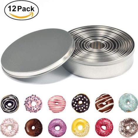 12PCS Emporte-Pièces Rond Acier Inoxydable Cercles à Pâtisserie Donut Cutter Moule pour Biscuits Pâtes à Sucre Gâteaux (1/4)