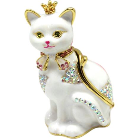 Boîte à Bijoux en Alliage Émaillée Blanche, Porte-bagues Motif Chat, Rangement Décoratif pour Coiffeuse, Accessoire Maison Élégant et Pratique, Décoration Intérieure Originale (1/5)