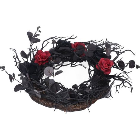 Couronne d'Halloween en ABS noir avec fleurs rouges et branches artificielles pour décoration de porte (1/5)