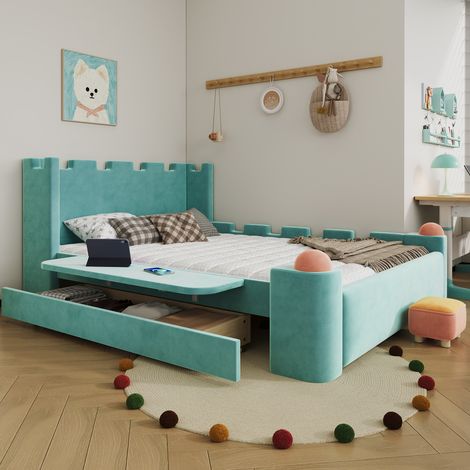 Lit enfant 140 x 200 cm avec tiroir, tablette rabattable, bleu-vert HAVRYA (1/5)
