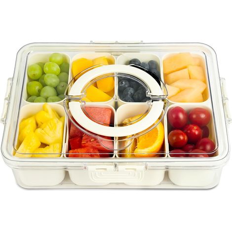 Plateau de Service Divisé avec Couvercle, 8 Grilles Boîte de Rangement de Collation, plateau à goûter avec couvercle et poignée, pique (1/5)