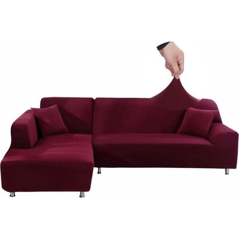 Housse de canapé - FOLAYA - Forme de L - Lavable - Extensible - Bordeaux (1/3)