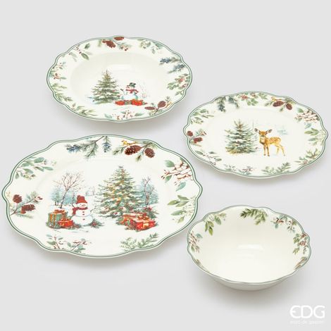 EDG Enzo De Gasperi Servizio Piatti Pino Innevato di Natale 24 Pz – Ceramica Verde Mix (Piano, Fondo, Dessert e Ciotole) (1/5)
