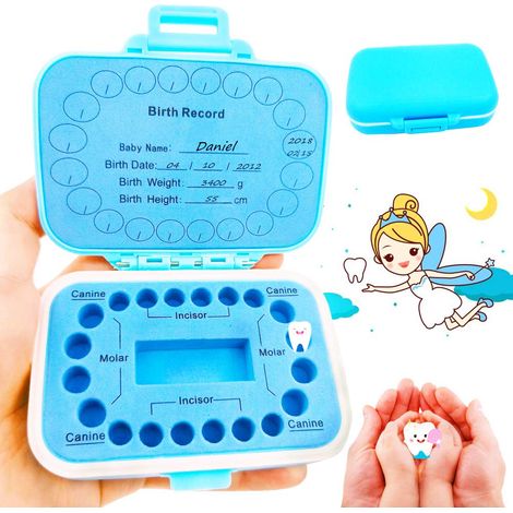 Boîte à souvenirs pour dents de lait, en bois bleu, avec inscription en anglais, pour conserver les souvenirs d'enfance. (1/5)