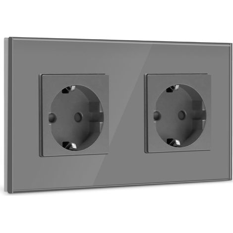 Prise Schuko - 2 prises - En verre - Avec plaque en verre cristal - Double prise murale - 16 A - Prise d'extension standard UE - Gris - 157 mm (1/5)
