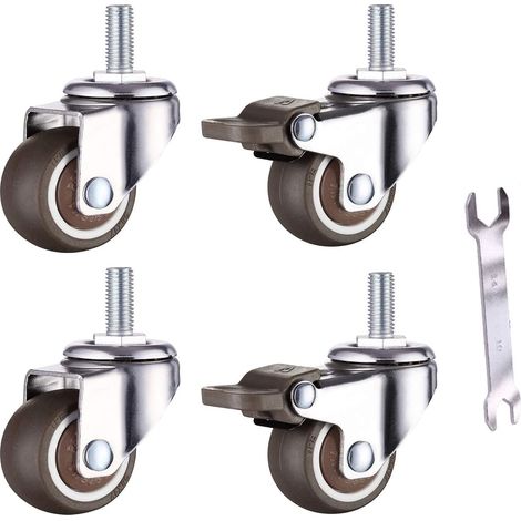 Lot De 4 Petites Roulettes Pour Meubles - 25 Mm - Caoutchouc Souple Tpe - M6 X 15 Mm - Filetage (2 Pièces Avec Frein) (25 Mm)