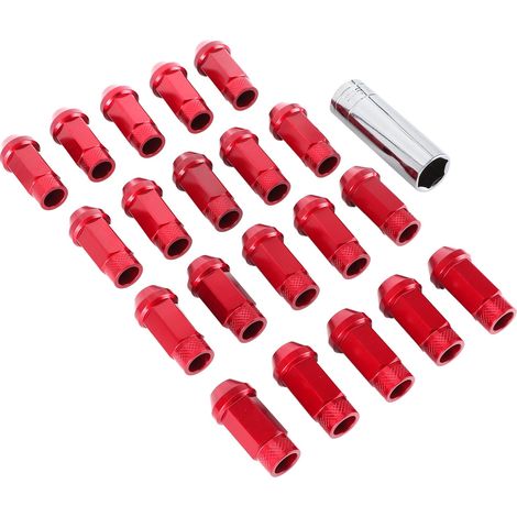 20 Écrous de Roue Universels M12x1.5 en Alliage d'Aluminium 50mm Rouges avec Douille de Montage (1/5)
