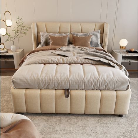 Doppelbett 140x200 cm beige mit Stauraum, Leinenstoff und Metall, ohne Matratze MEUBLIV (1/5)