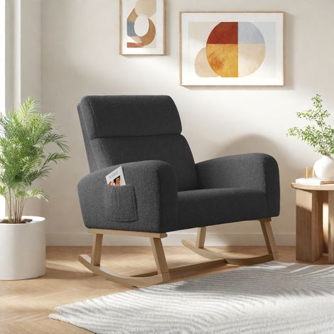 Fauteuil à bascule, fauteuil de relaxation, chaise ergonomique, tissu velours, pieds bois et métal, idéal pour le salon et la chambre, gris foncé (Livraison locale, garantie 2 ans). (1/5)