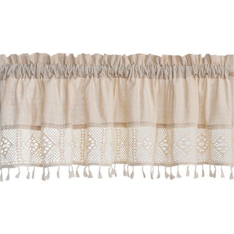 Rideau court en dentelle de coton et lin, rideau de séparation en dentelle à pompons, 15060cm, beige (1/5)