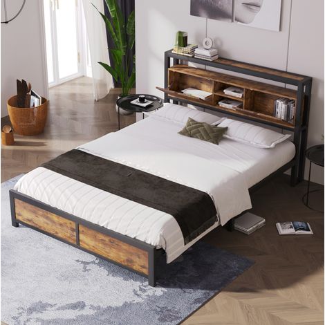 Letto matrimoniale moderno 140x200 cm in metallo e legno naturale con testiera contenitore e rete a doghe in metallo (1/5)