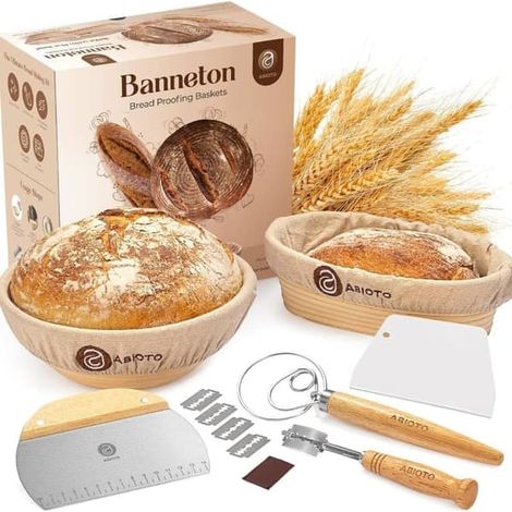 Cestino rotondo da 28 cm per lievito madre, completo di panno e utensili da cucina. (1/4)