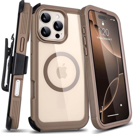 Étui pour iPhone 16 Pro, antichoc, avec clip ceinture, compatible MagSafe, couleur titane désertique (1/5)