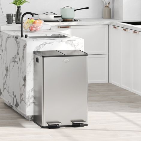 Poubelle de cuisine double, 2 x 28 L, 2 couvercles à fermeture douce, seaux intérieurs amovibles et poignées (1/5)