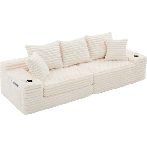 Canapé en velours côtelé beige avec dossier haut, coussins supplémentaires, poches latérales et porte-gobelets, convertible en canapé-lit (1/5)