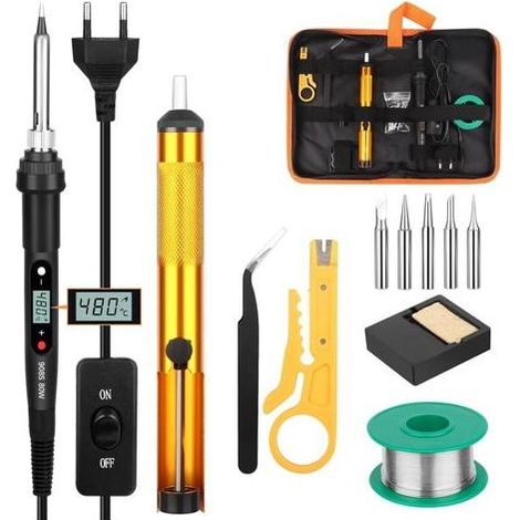 Fer a Souder, 13 en 1 Fer à Souder 80W Température Réglable 180-520°C, Fer a Souder Electronique de Precision 5 Conseils de Soudage, Pompe à Dessouder, Support De Fer à Souder (1/5)