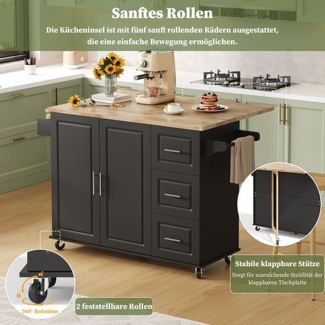Table cuisine mobile 137 x 43(76)x92cm plan chêne pliable, multifonction avec 3 tiroirs et porte-serviettes pour intérieur