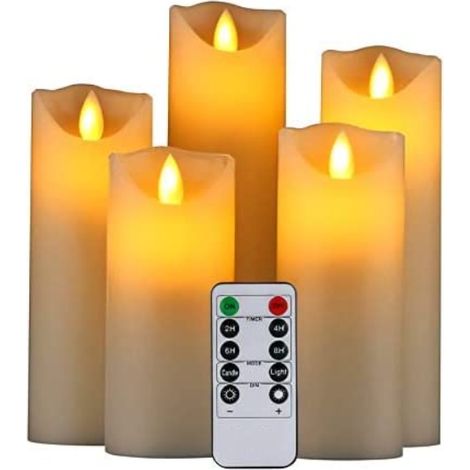 LED Candles, Flameless Candles. Set of 5 (10,12,15,17,19 cm, Ivory), Real Wax. With Realistic Flickering Flames, Remote Control With 10 Function Menus, 24 Hour Timer (1/5)