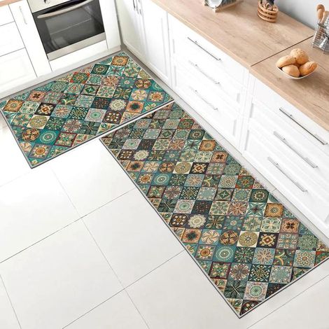 Lot de 2 Tapis de Cuisine, Antidérapant, Lavable, Silicone, Absorbant, Couloir (1/5)
