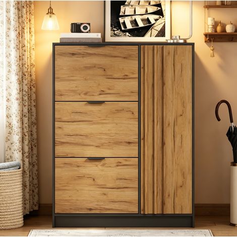 Meuble à chaussures 100x30x130 cm avec 3 abattants et 1 porte, gain de place pour entrée, MDF coloris naturel (1/5)