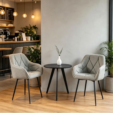 Juego de 2 sillas de comedor, asiento acolchado, respaldo ergonómico, cuero sintético gris y metal (1/5)