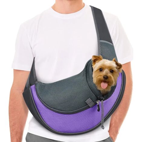 Sac de transport pour petits chiens et chats, avec cordon de serrage, fermeture éclair et crochet de sécurité spécial, violet sécurisé (1/4)