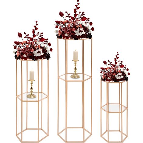 Lot de 3 vases dorés pour centres de table supports de fleurs géométriques Hexagon en métal avec Panneau Présentoir à deux niveaux pour Fête d'anniversaire Mariage (60/80/100 cm Haut) (1/5)