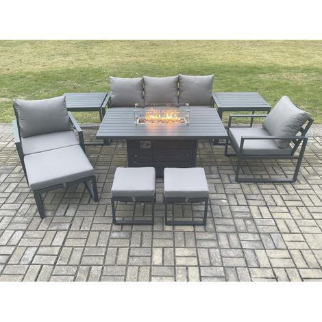 Fimous Aluminium Patio Outdoor Garden Furniture Lounge Sofa Set Gas Fire Pit Dining Table with 2 Side Tables 3 Footstools Dark Grey (1/5)