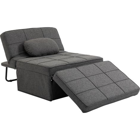 Divano letto/chaise longue/pouf singolo 4 in 1 con schienale reclinabile in 5 posizioni, poggiapiedi ribaltabile, portata massima 200 kg, struttura in metallo e tessuto in lino grigio.