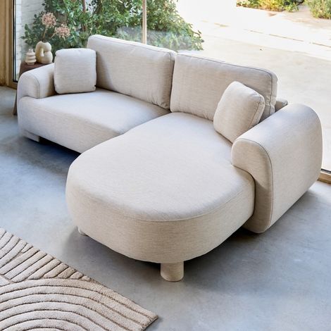 Canapé d'angle droit 3 places tissu. pieds ronds L 231 x P 160 / 88 cm - Zenio Tissu Crème