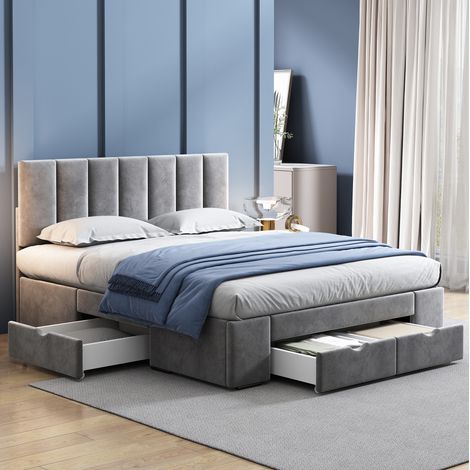 Bett Polsterbett Stauraum 140x200 Samt Grau OKMYHOME (1/5)