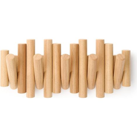 Wandgarderobe aus Massivholz, 37,5 x 16 x 4 cm, 5 Haken, Taschenhaken, Naturholzfarbe (1/5)