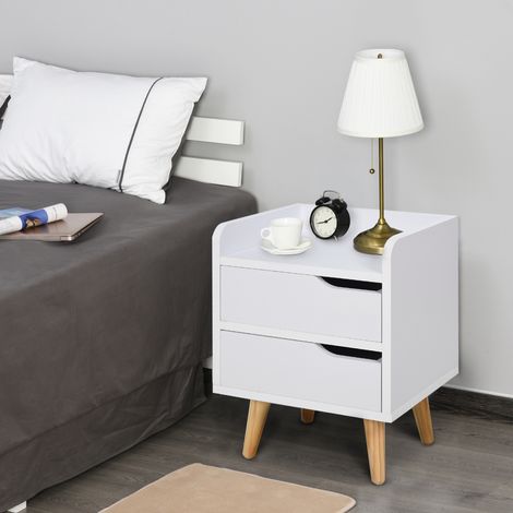 Mesa de Noche Multiusos Mesita Auxiliar para Sala de Estar o Dormitorio con 2 Cajones Espaciosos Patas Elevadas de Pino Diseño Moderno 33x28x42 cm Blanco (1/4)