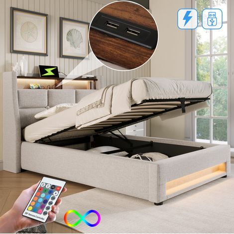 Polsterbett 90/200 cm beige aus Leinen mit LED, USB und Stauraum (1/5)