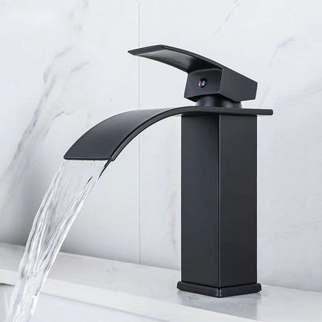 1 unidad. Grifo de baño, negro, grifo de lavabo tipo cascada, mezclador monomando con caño, altura 200 mm, ahorro de agua, ahorro de energía (1/5)