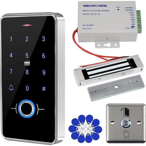 Kit de système de contrôle d'accès de porte RFID Clavier étanche IP68 à empreinte digitale, verrouillage magnétique en mode NC 180kg/350lbs, alimentation 12V 3A, 10pcs IC 13.56MHz Keychains (1/5)