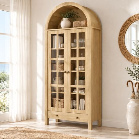 Mobile contenitore vetrina ad arco 75 x 35 x 170,5 cm in MDF con ante in acrilico naturale DESVIAE (1/5)