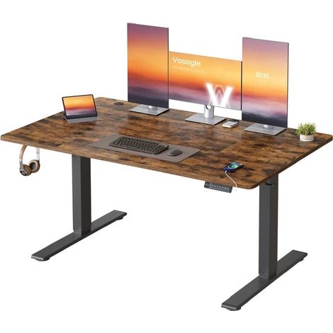 Bureau électrique réglable en hauteur 140 x 80 cm avec fonction mémoire 3 hauteurs et port USB-C style rustique en aggloméré marron (1/2)