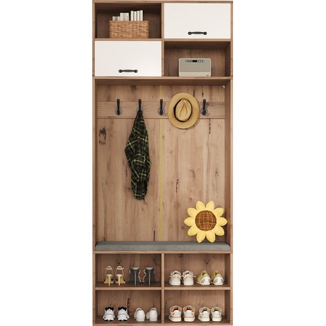 Mobile ingresso con panca 80x185x35 cm, bianco e naturale, 5 ganci (1/5)