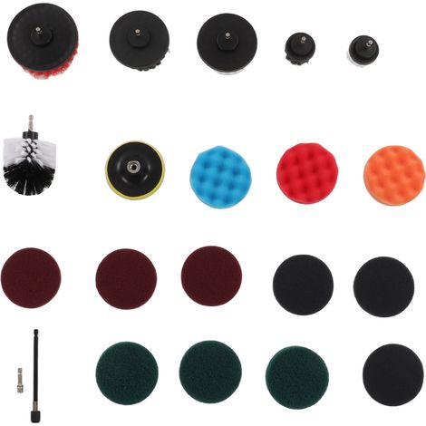 Ensemble de brosses de polissage pour perceuse avec brosses de nettoyage électriques, éponges à récurer et rallonges pour le nettoyage de la voiture et de la maison (1/5)