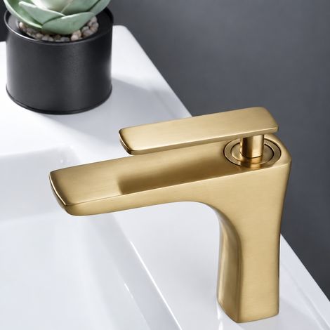 Robinet mitigeur lavabo modèle bas or brossé avec tuyaux d'arrivée d'eau de 60 cm cuivre 40 × 30 × 10 cm 930 g – Livraison gratuite (1/2)