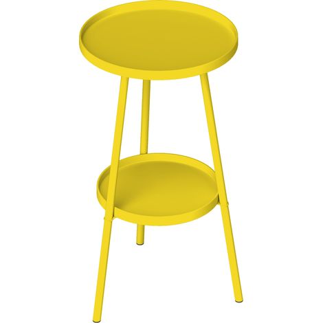 Runder, zweistöckiger Beistelltisch 32x51 cm, gelbes Metall, für Garten, Terrasse oder Balkon